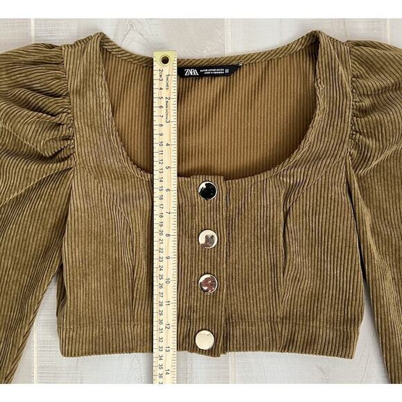 Zara Corduroy Crop Puff Long Sleeve Top Women’s Sz XS Mustard Bloggers Favorite - Picture 6 of 7